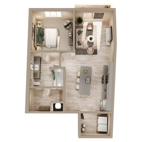 Floor plan for 1 bed, 1 bath, 741 sqft