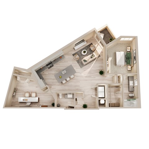 Floor plan for 1 bed, 2 baths, 1180 sqft