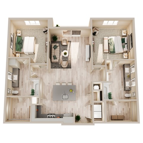 Floor plan for 2 beds, 2 baths, 1289 sqft