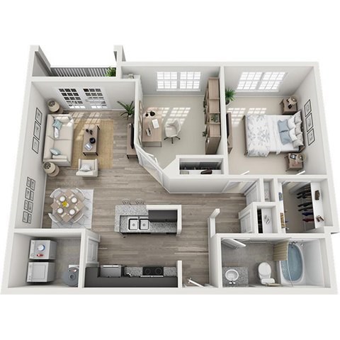Floor plan for 1 bed, 1 bath, 885 sqft
