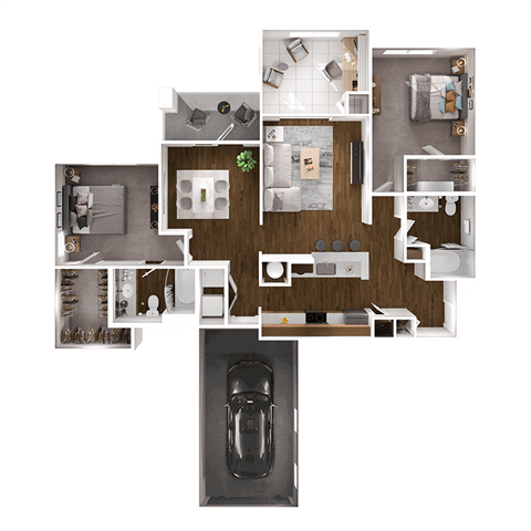 Floor plan for 2 beds, 2 baths, 1273 sqft