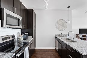 Indianapolis apartment for rent - A modern kitchen with black cabinets and a white countertop.