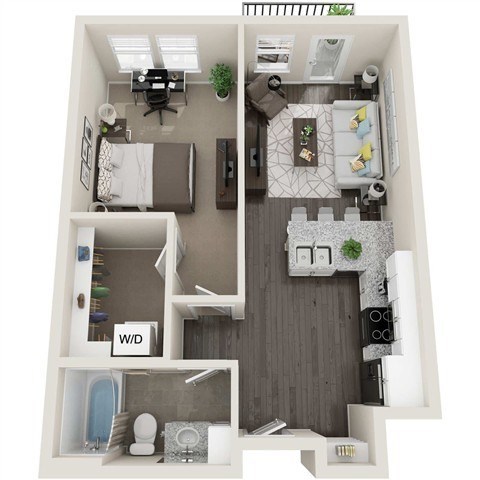 Floor plan for 1 bed, 1 bath, 633 sqft