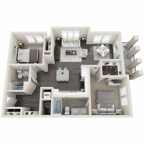 Floor plan for 2 beds, 2 baths, 1077 sqft