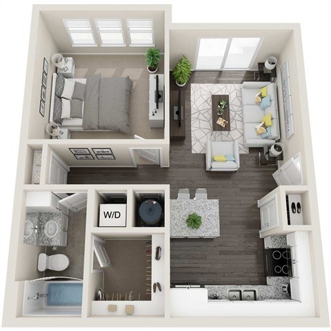 Floor plan for 1 bed, 1 bath, 658 sqft