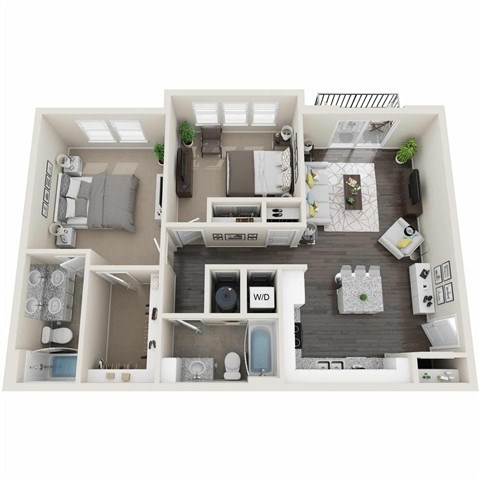 Floor plan for 2 beds, 2 baths, 1045 sqft