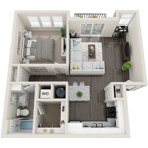 Floor plan for 1 bed, 1 bath, 733 sqft