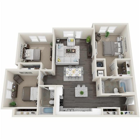 Floor plan for 3 beds, 2 baths, 1391 sqft