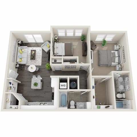 Floor plan for 2 beds, 2 baths, 1045 sqft