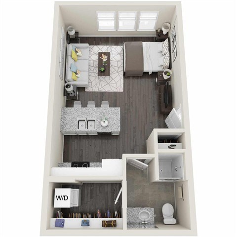 Floor plan for studio, 1 bath, 491 sqft