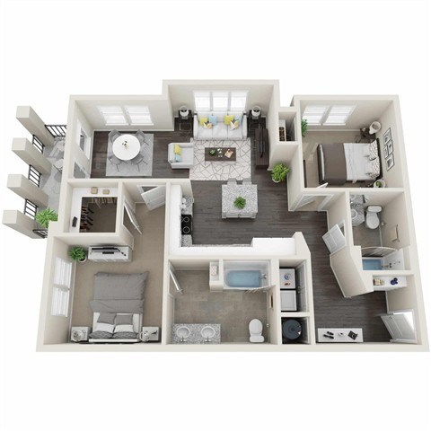 Floor plan for 2 beds, 2 baths, 1077 sqft