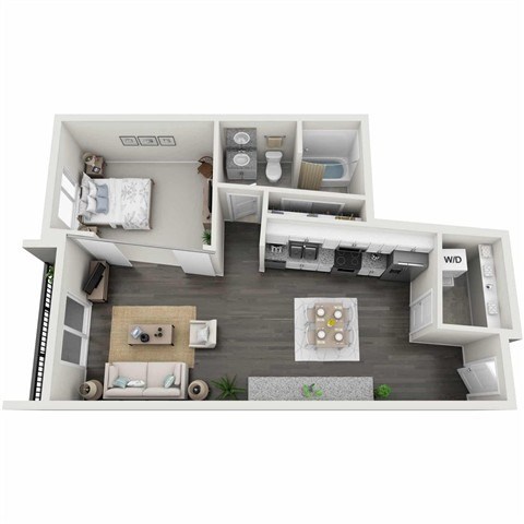 Floor plan for 1 bed, 1 bath, 671 sqft