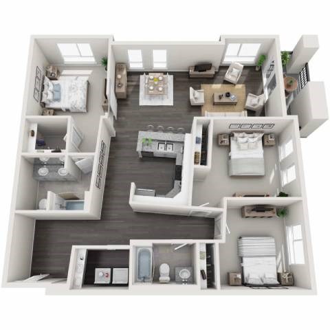Floor plan for 3 beds, 2 baths, 1375 sqft