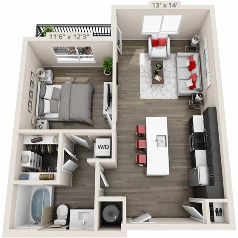 Floor plan for 1 bed, 1 bath, 707 sqft