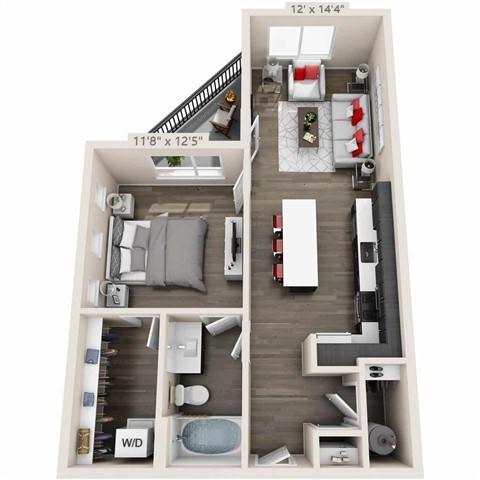 Floor plan for 1 bed, 1 bath, 722 sqft
