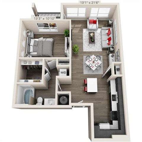 Floor plan for 1 bed, 1 bath, 818 sqft