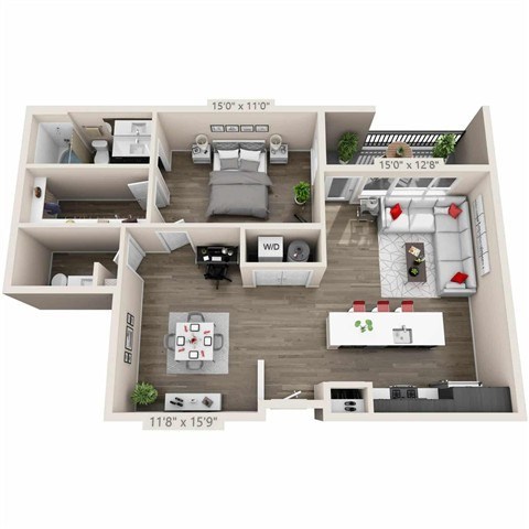 Floor plan for 1 bed, 1.5 baths, 1010 sqft