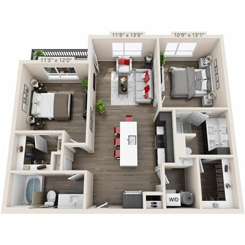Floor plan for 2 beds, 2 baths, 1005 sqft