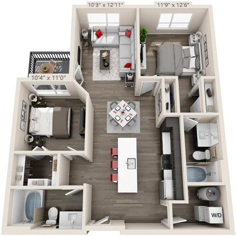 Floor plan for 2 beds, 2 baths, 1028 sqft
