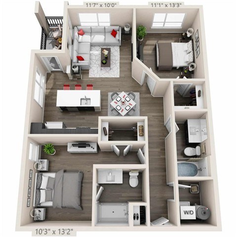 Floor plan for 2 beds, 2 baths, 1027 sqft