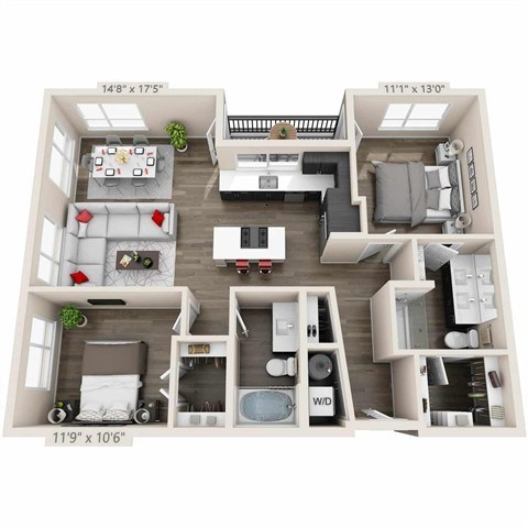 Floor plan for 2 beds, 2 baths, 1078 sqft