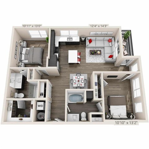Floor plan for 2 beds, 2 baths, 1080 sqft