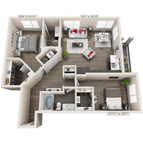 Floor plan for 2 beds, 2 baths, 1162 sqft