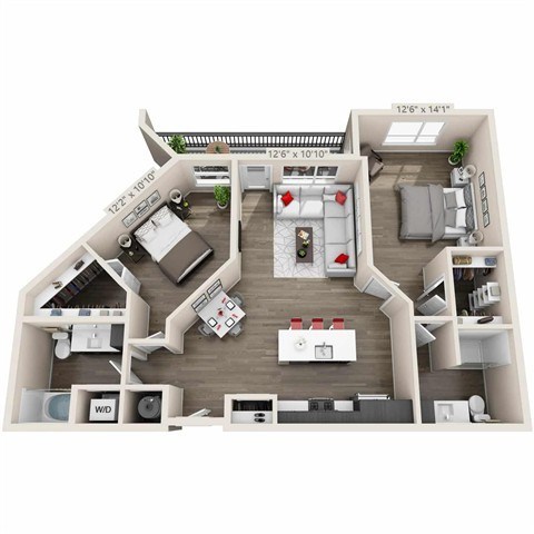 Floor plan for 2 beds, 2 baths, 1170 sqft