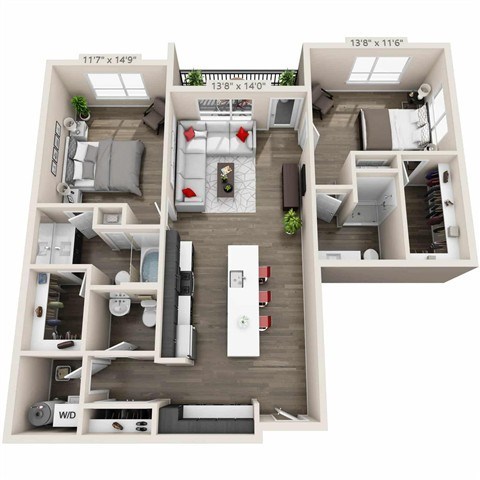 Floor plan for 2 beds, 2.5 baths, 1242 sqft