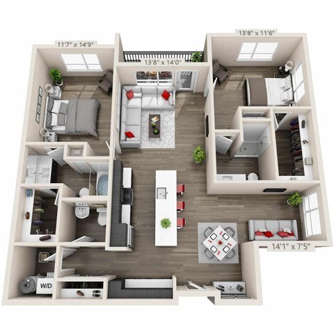 Floor plan for 2 beds, 2.5 baths, 1389 sqft
