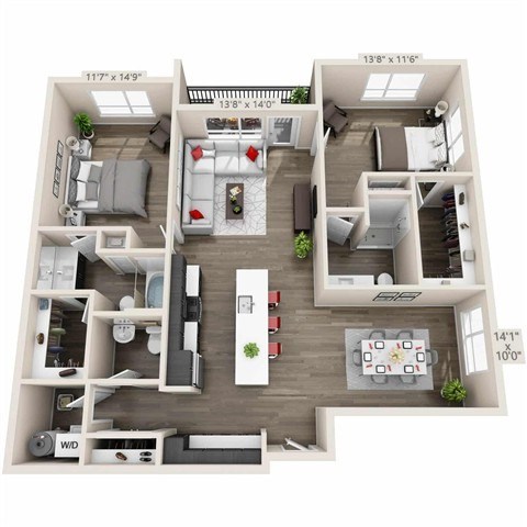 Floor plan for 2 beds, 2.5 baths, 1381 sqft
