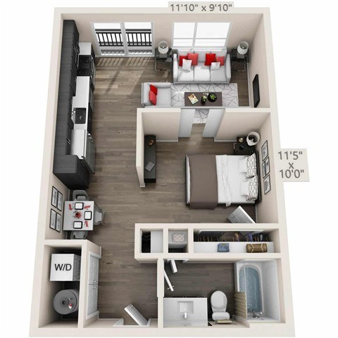 Floor plan for studio, 1 bath, 592 sqft