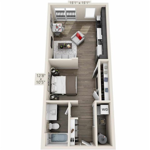 Floor plan for studio, 1 bath, 592 sqft