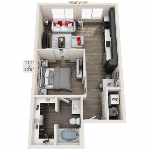 Floor plan for studio, 1 bath, 649 sqft