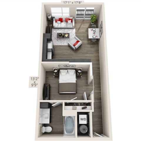 Floor plan for studio, 1 bath, 678 sqft