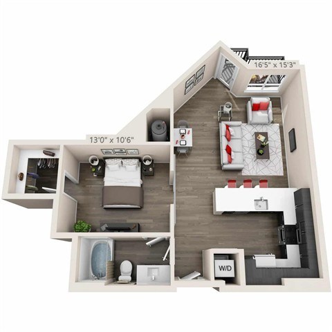Floor plan for studio, 1 bath, 769 sqft