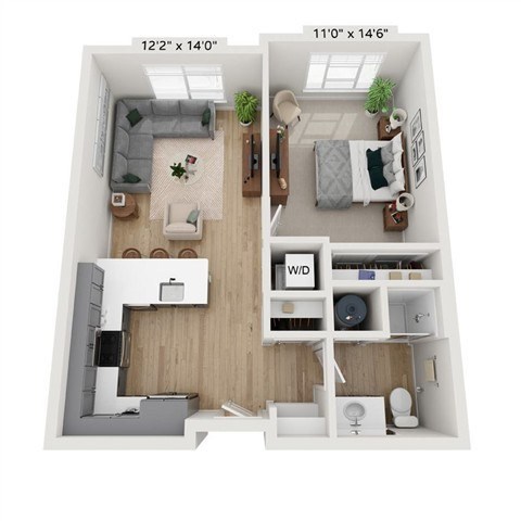 Floor plan for 1 bed, 1 bath, 650 sqft