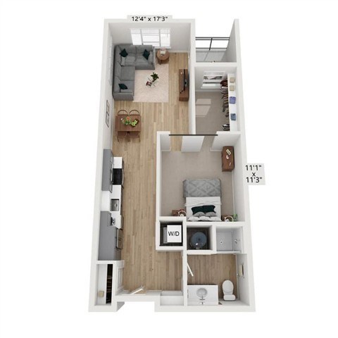 Floor plan for 1 bed, 1 bath, 654 sqft