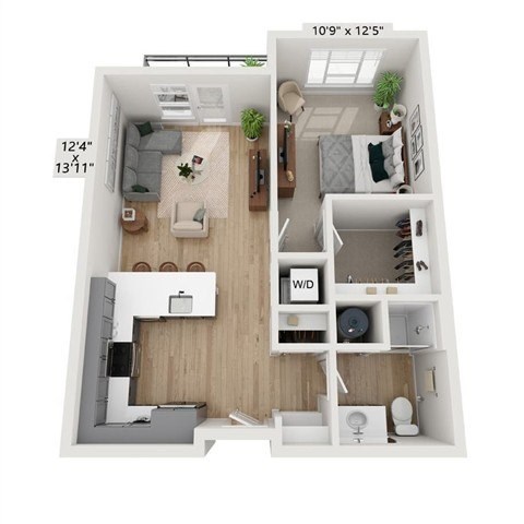 Floor plan for 1 bed, 1 bath, 672 sqft