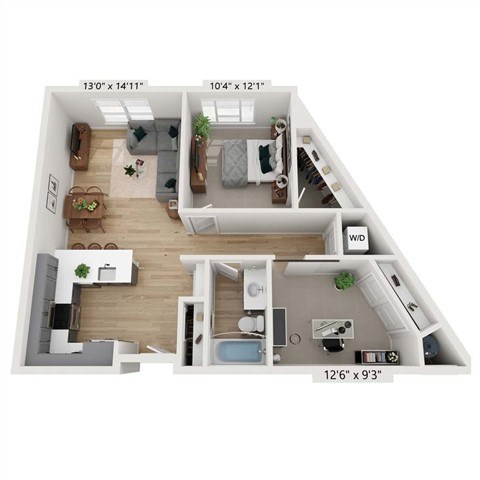 Floor plan for 1 bed, 1 bath, 898 sqft