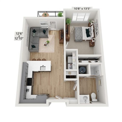 Floor plan for 1 bed, 1 bath, 670 sqft