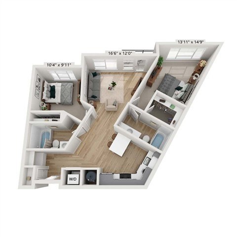 Floor plan for 2 beds, 2 baths, 999 sqft