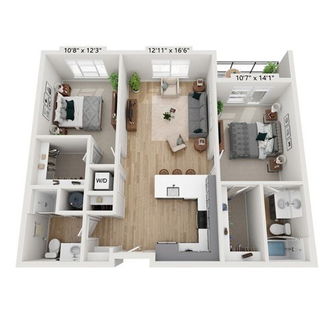 Floor plan for 2 beds, 2 baths, 1017 sqft