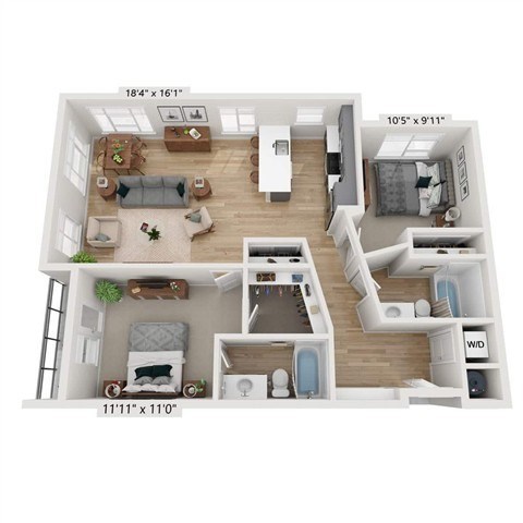 Floor plan for 2 beds, 2 baths, 1129 sqft