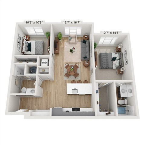 Floor plan for 2 beds, 2 baths, 1026 sqft