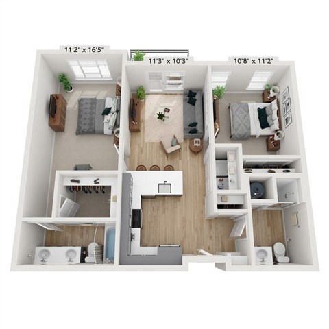Floor plan for 2 beds, 2 baths, 1019 sqft