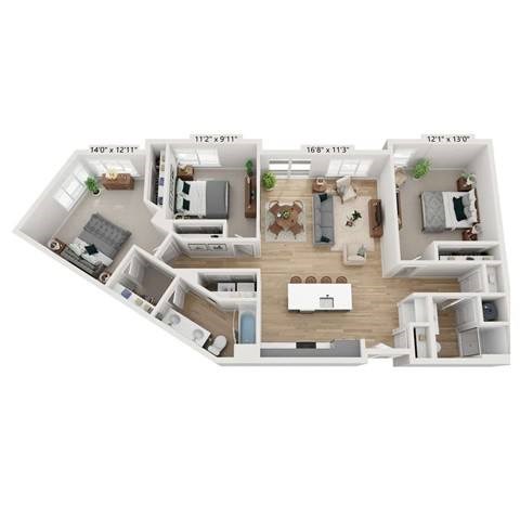 Floor plan for 3 beds, 2 baths, 1373 sqft