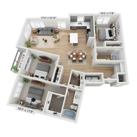 Floor plan for 3 beds, 2 baths, 1420 sqft