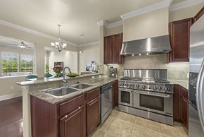 San Antonio apartment for rent - A modern kitchen with dark wood cabinets and stainless steel appliances.