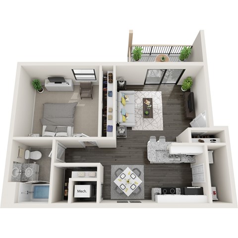 Floor plan for 1 bed, 1 bath, 707 sqft